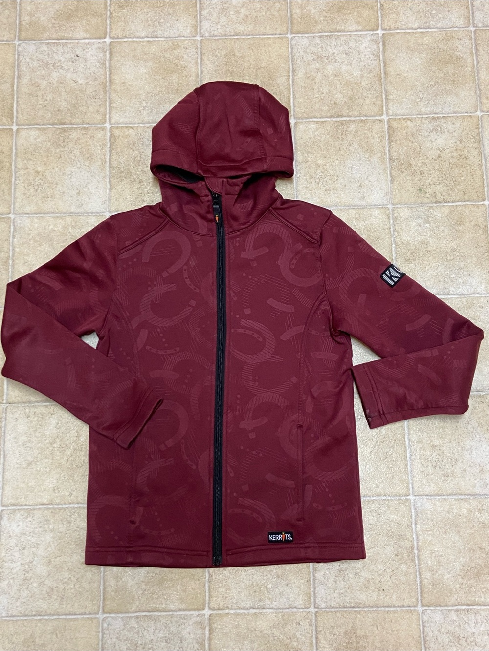 Kerrits Maroon Hooded Softshell Jacket with Subtle Horsebit Print Size L